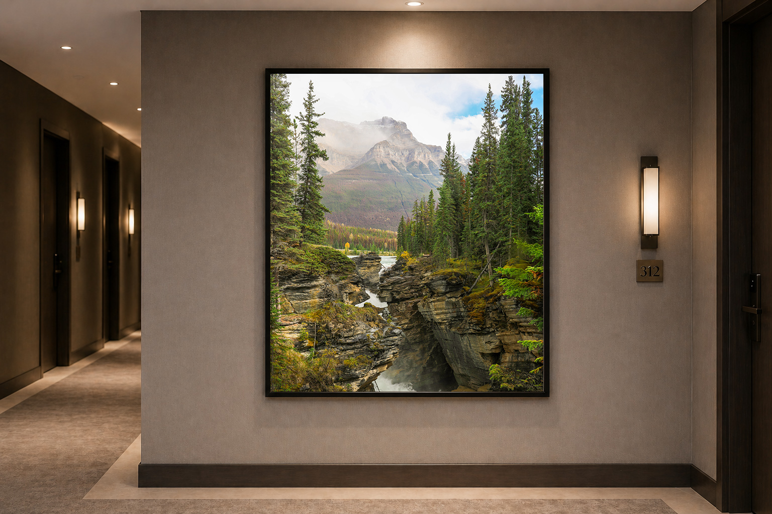 Canadian Rockies large format framed art in hotel corridor by Dan Sproul